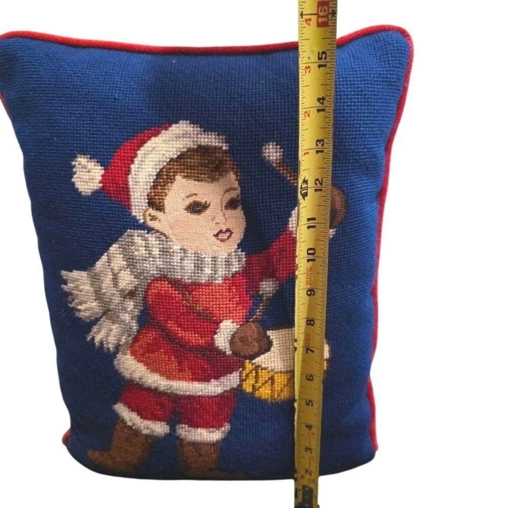 Vintage Christmas Needlepoint Throw Pillow, Little Drummer, Red Corduroy 15
